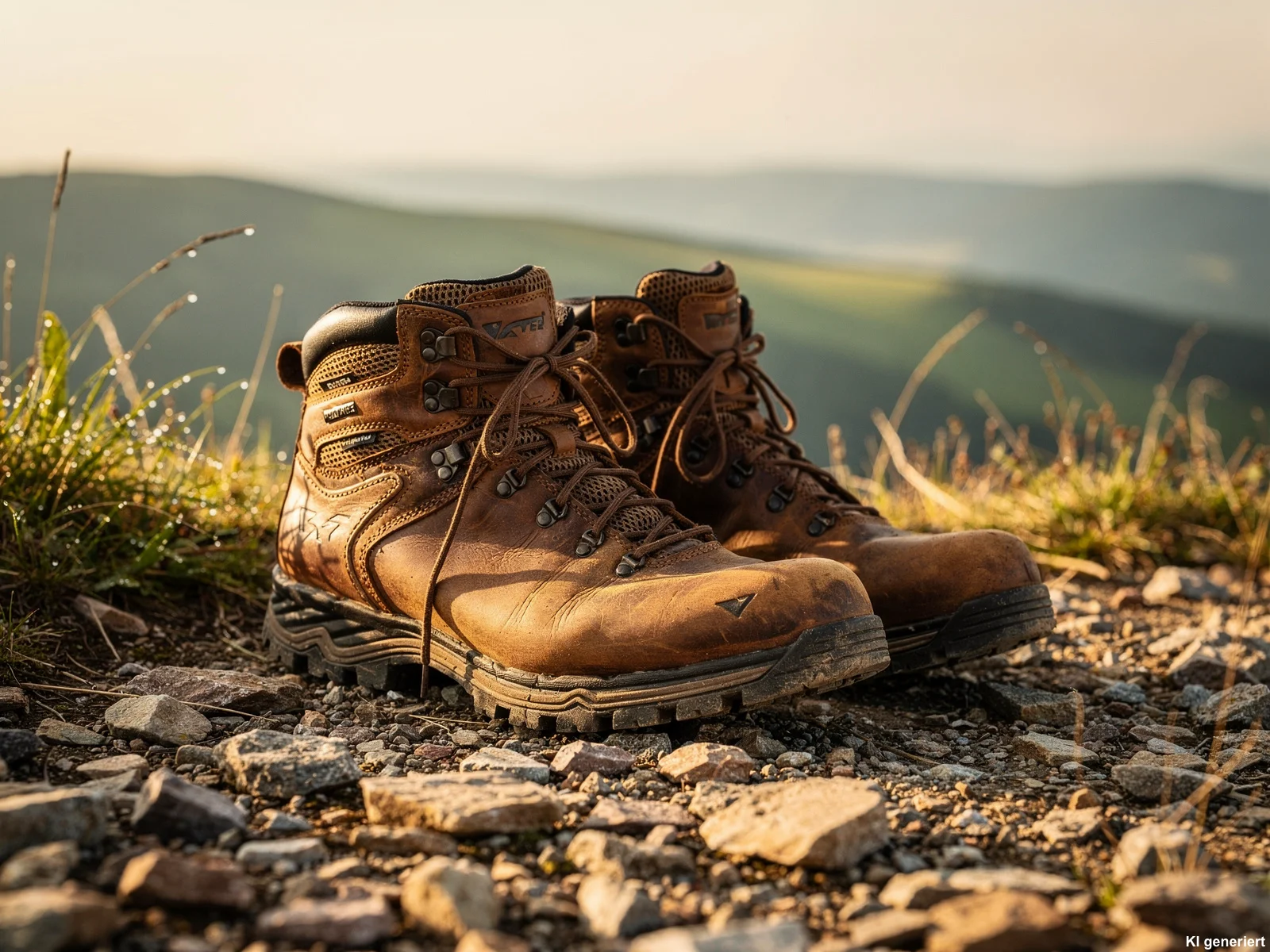 Wanderschuhe auf einem Bergpfad bei Morgenlicht